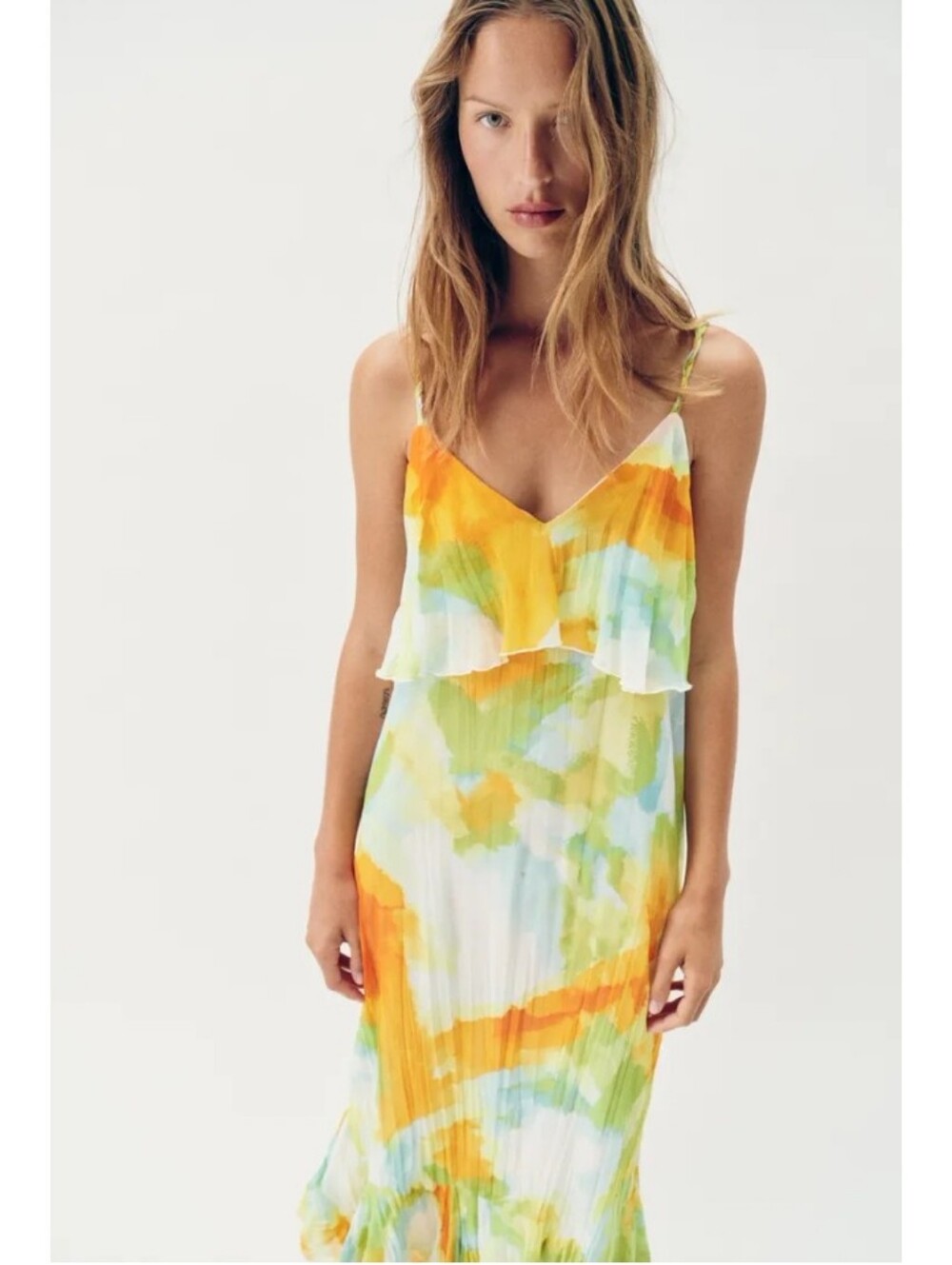 Zara Watercolor Tie-Dye Print Ruffle Midi Dress Sz-L - Picture 3 of 13